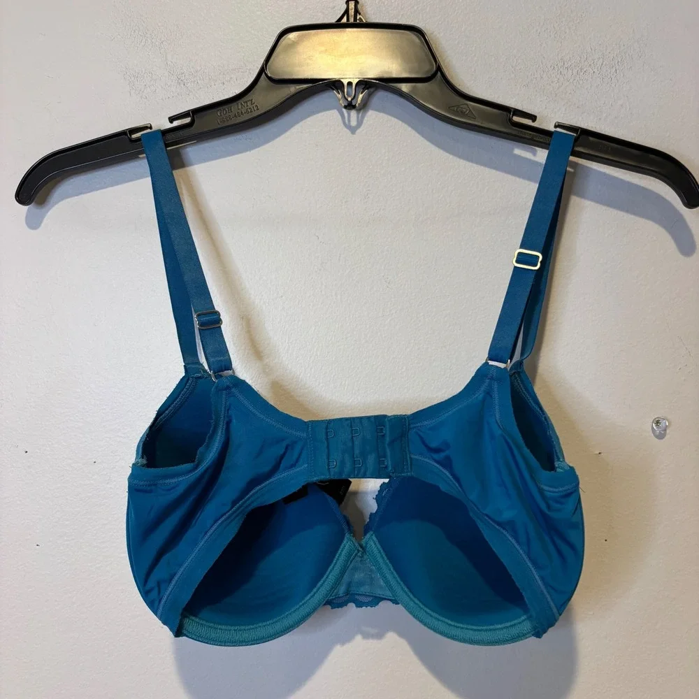 Natori‎ Teal Lace Trim Balconette Bra 32D Underwire Padded Adjustable Straps
